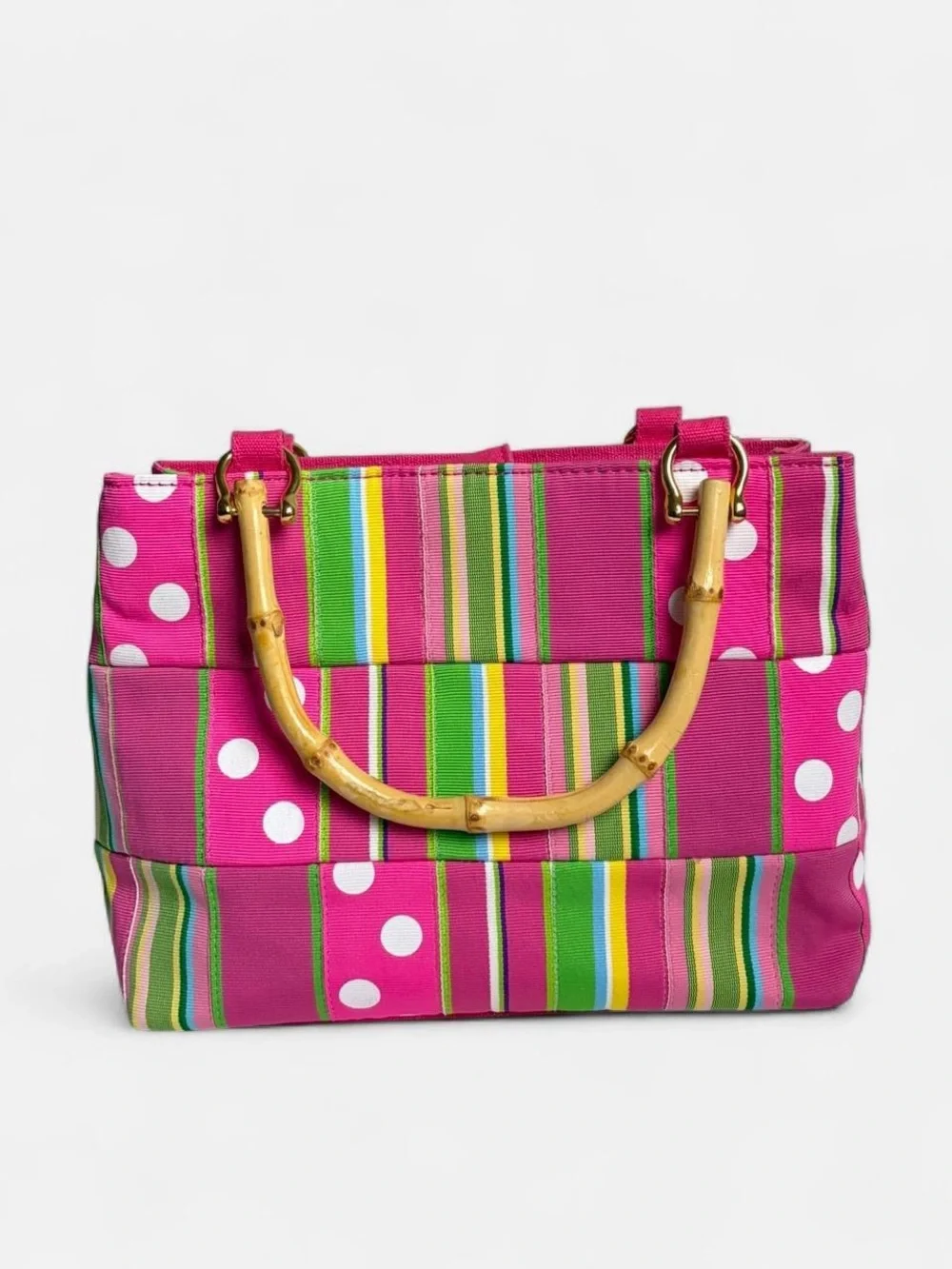 Tiannl Striped Polka Dot Canvas Tote with Bamboo Handles